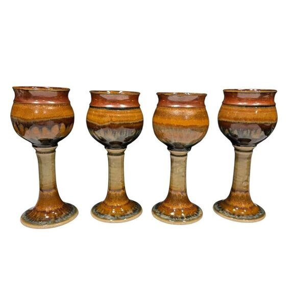 Studio Pottery Wine Goblets/Chalices (4) Hand Crafted Artist JT Brown Cream 7" - Picture 8 of 16